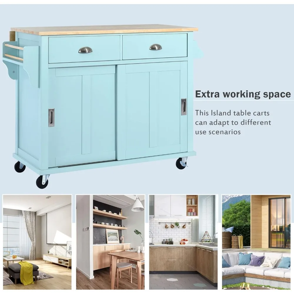 جزيرة المطبخ المتنقلة الجديدة 52.2 بوصة مع أوراق قطرة من الخشب المطاطي وعجلتين قابلين للقفل، رف توابل لباب الحظيرة المنزلق المخفي #6