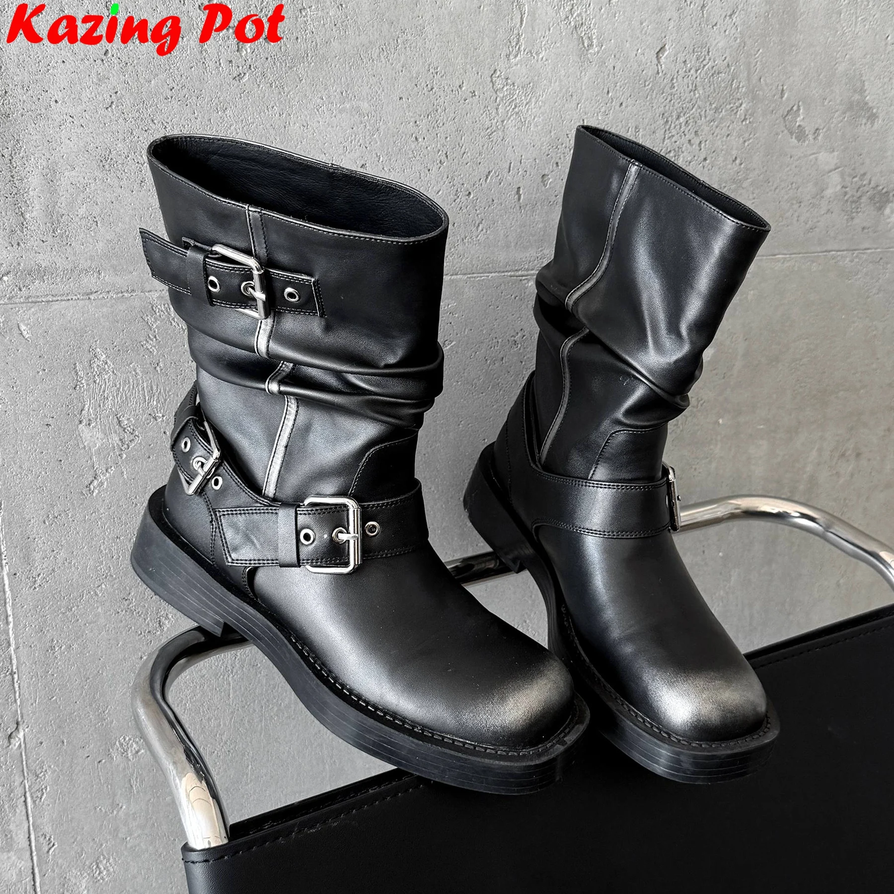 

Cow Skin Med Heels Belt Buckle Retro Western Boots Casual Warm Winter Autumn Shoes Brand Pleated Luxury Ins Women Mid-calf Boots