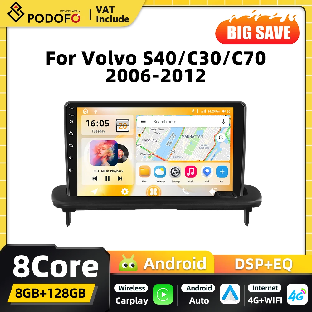 Podofo 8+128G 2din Android Autoradio für Volvo S40/C30/C70 2006-2012 GPS Carplay Android Auto WIFI DSP FM RDS BT