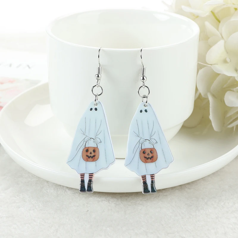 1 Pair Halloween Pumpkin Drop Earrings Acrylic Ghost Candy Cake Cannibal flower And Dog Flatback Jewelry Holiday Birthday Gifts image 6