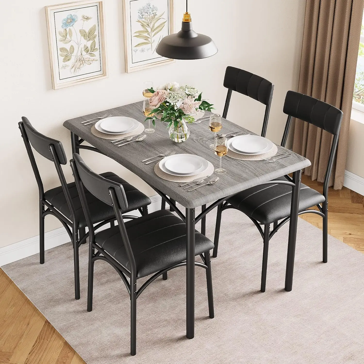 UK 5-Piece Industrial Dining Table Set, Compact Kitchen Table & 4 Padded Chairs, Farmhouse Dining Room Furniture Set for Small S