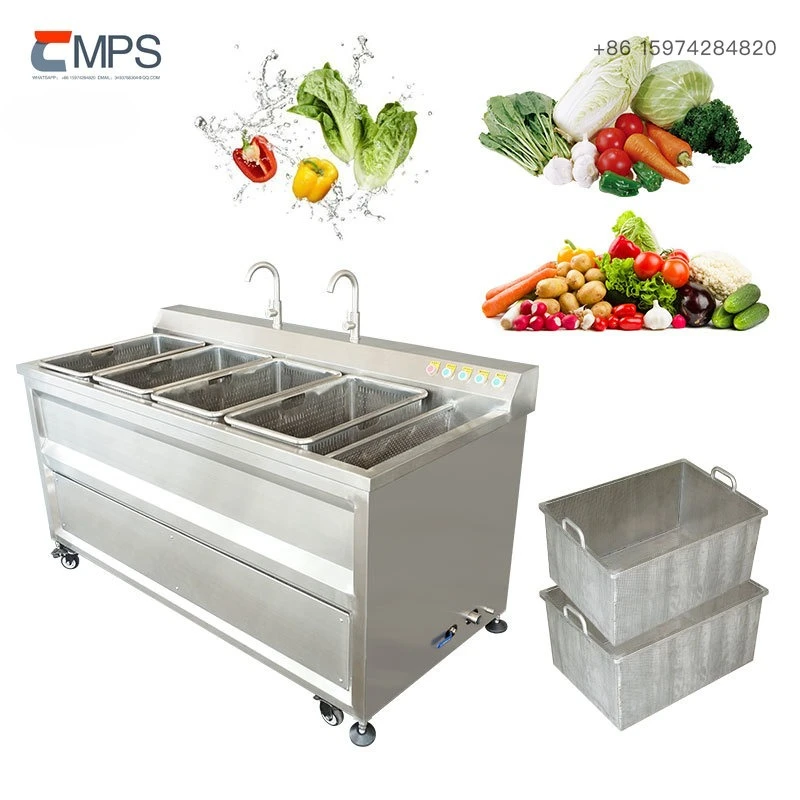 Double Tank Vegetable Washing Machine Fruit Corn Shrimp Meat Ultrasonic Ozone Bubble Washer with Four Baskets