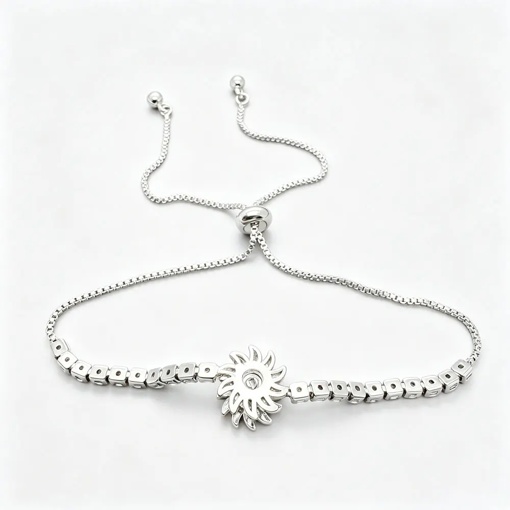 Rotatable Daisy Flower Crystal Adjustable Bracelet Silver Tone Box Chain Sparkling Jewelry for Women Daily Party Gift