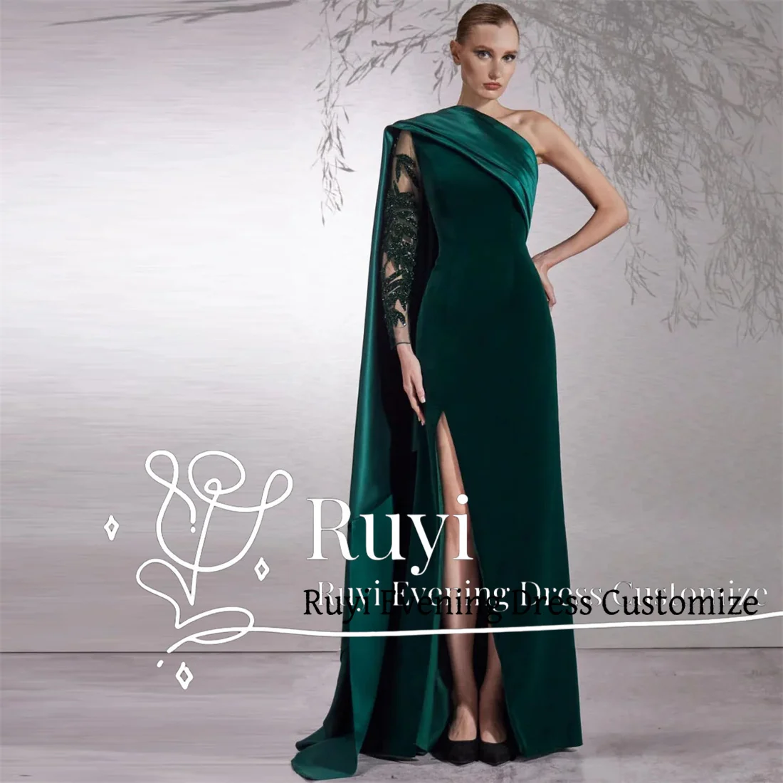 Customized One-Shoulder Green Velvet Evening Dress Appliques Long Sleeve Cape Side Slit Formal Prom Dress For Special Occasion