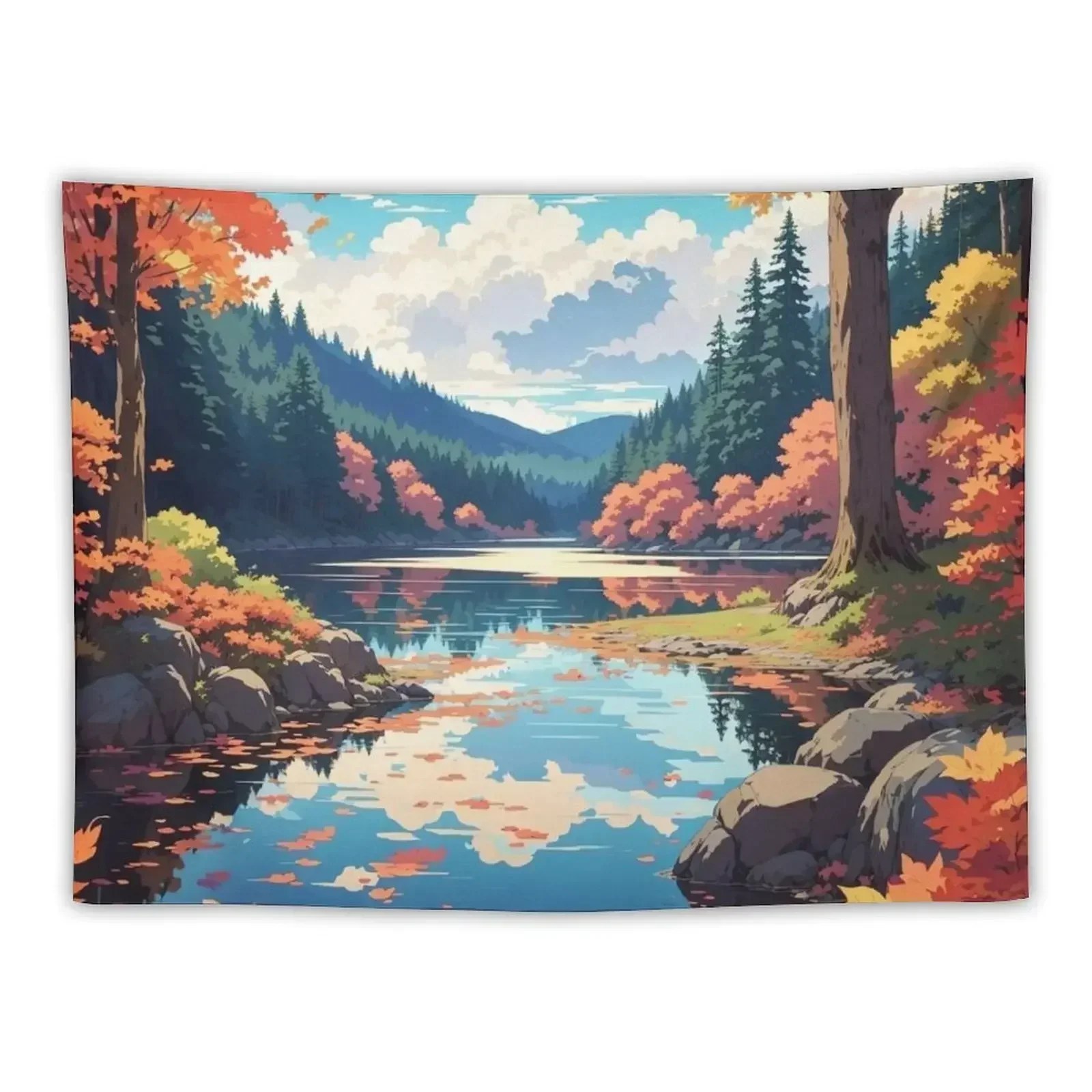 Fallen Leaves and Calm Waters: A Tranquil Lake Scene Tapestry Decor For Bedroom Home Decorations Aesthetic Tapestry