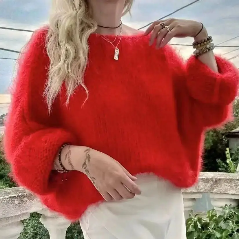 New handmade loose casual Chinese red one neck pullover sweater soft women's thick knitted wool single neck off shoulder mohair