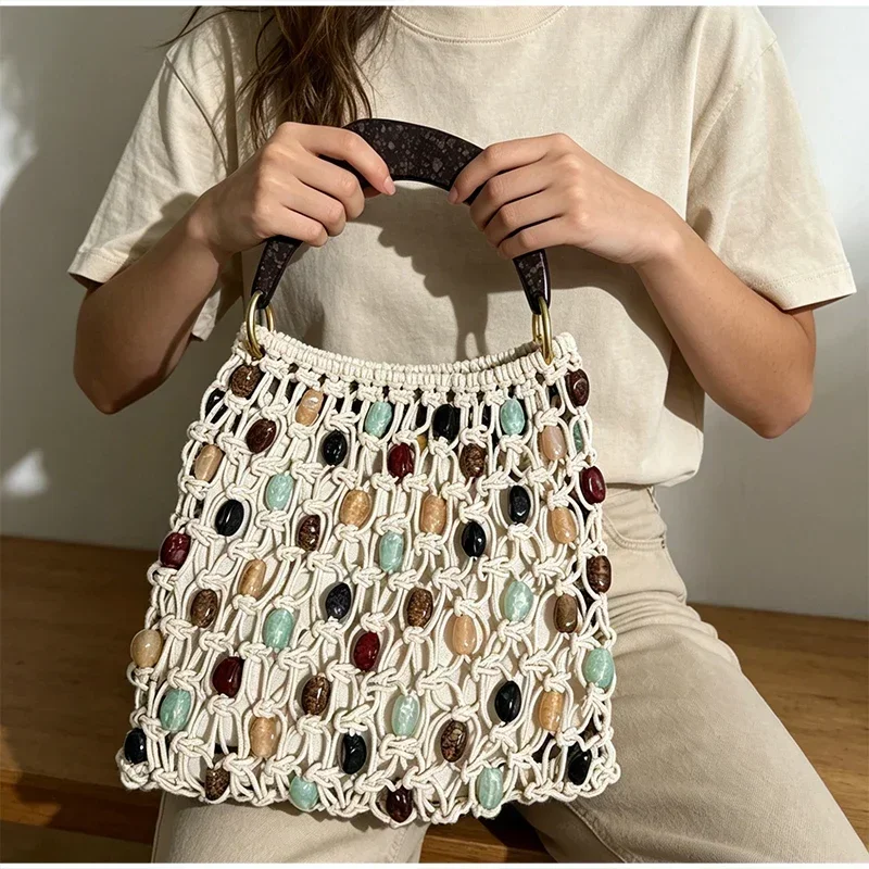 Vintage Handgefertigte Perlen-Handtasche Nischen-Designer Luxus Ausgehöhlte Bucket Bag Neue Sommer Damen Strand-Urlaubstasche – Detail 8