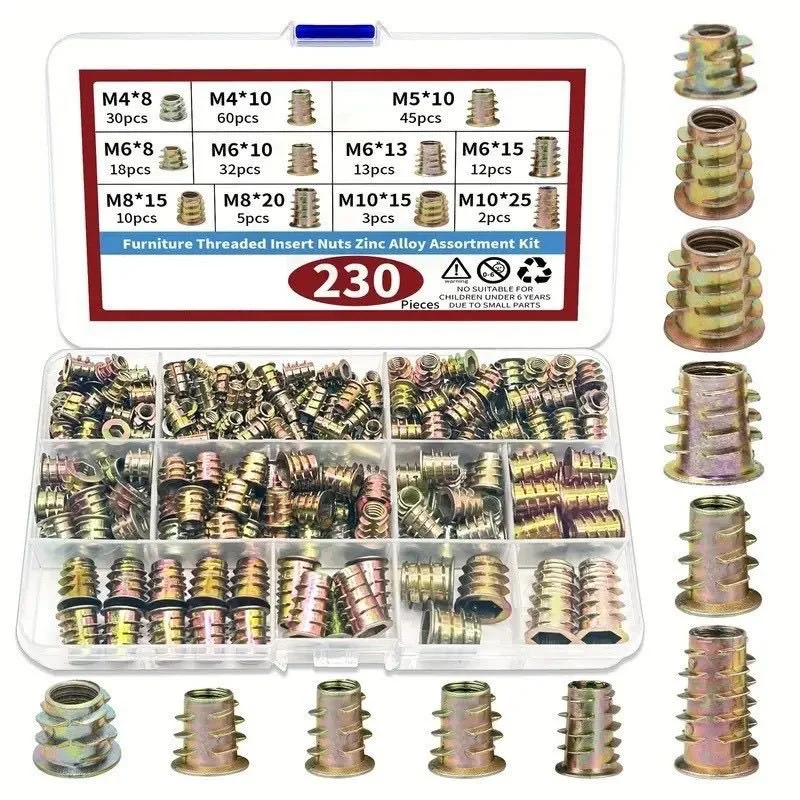 Kit de Ferramentas com 130/230 Peças de Insertos Rosqueados Hexagonais para Madeira, Tamanhos Métricos M4/M5/M6/M8/M10 para Trabalhos em Madeira