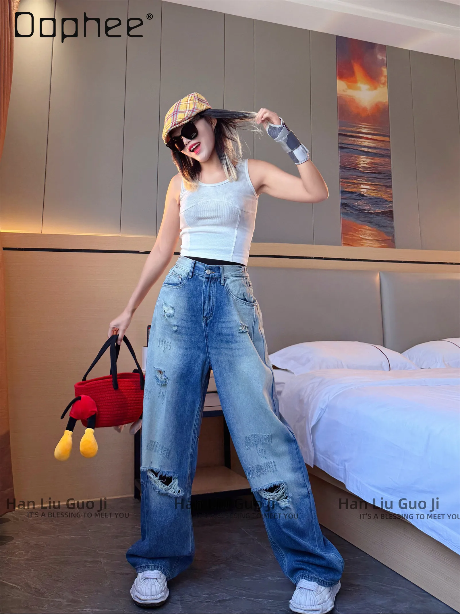 

American Ripped Elastic Waist Jeans Women's 2026 Summer High Waist Thin Loose Wide Leg Pants Washed Blue Straight-leg Pants