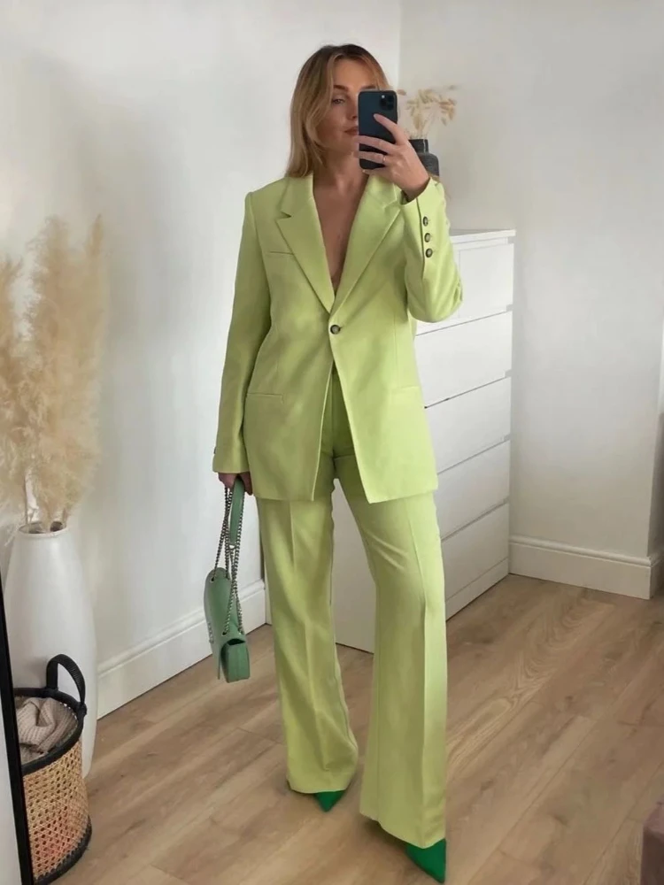 

Chic Notch Lapel Single Button Women Suits Two Piece Fashion Solid Casual Daily Basic Wear Formal Business Office Pants Sets