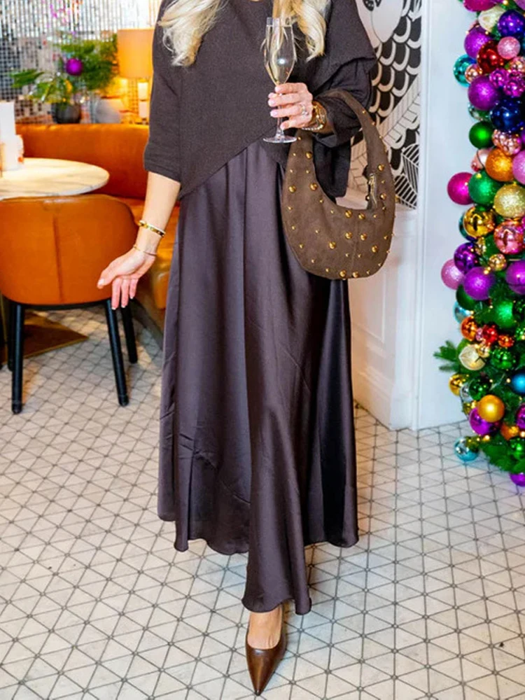 

Элегантный комплект с длинной юбкой и пуловером с v-образным вырезом, женский повседневный свободный комплект с длинными рукавами, модные драпированные однотонные костюмы из двух предметов