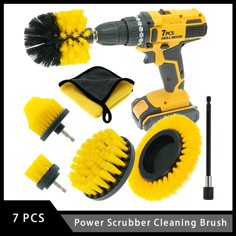 7 Pcs Power Brush Scrubber Cleaning Brush Yellow with Extended Long Attachmen for Cleaning Bathroom and Kitchen Surface