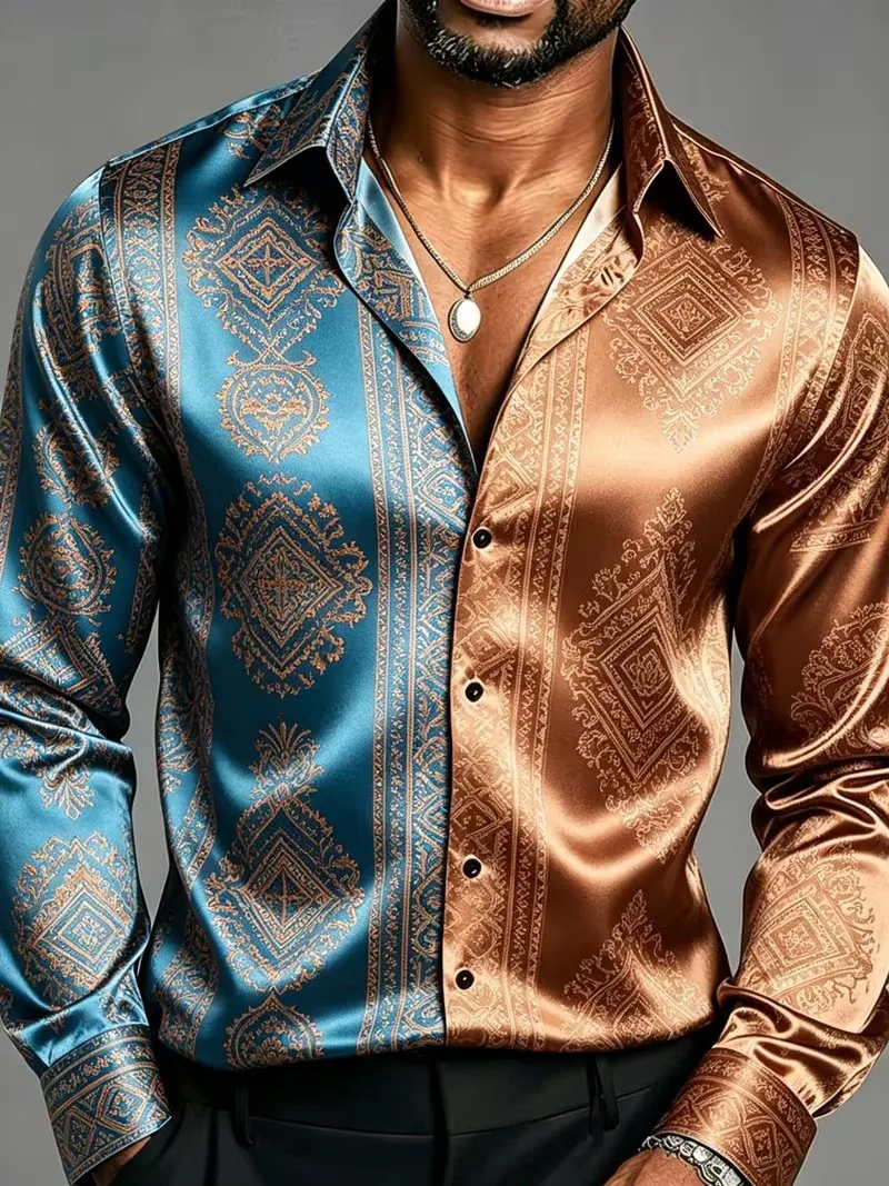 Luxury‑Style Men Lapel Collar Shirt Teal Silver Splicing Vintage Golden Floral Print Polyester Long‑Sleeve Blouse