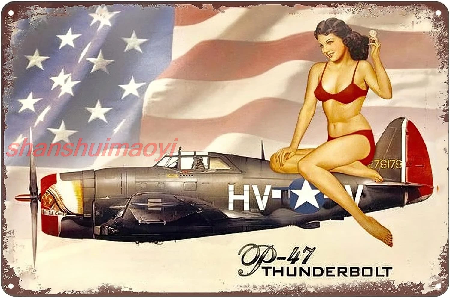 Pinup Girl P-47 Thunderbolt Poster Sexy Bikini Woman Metal Tin Sign Air Force Vintage Wall Art Decor Plaque for Home Club B sign