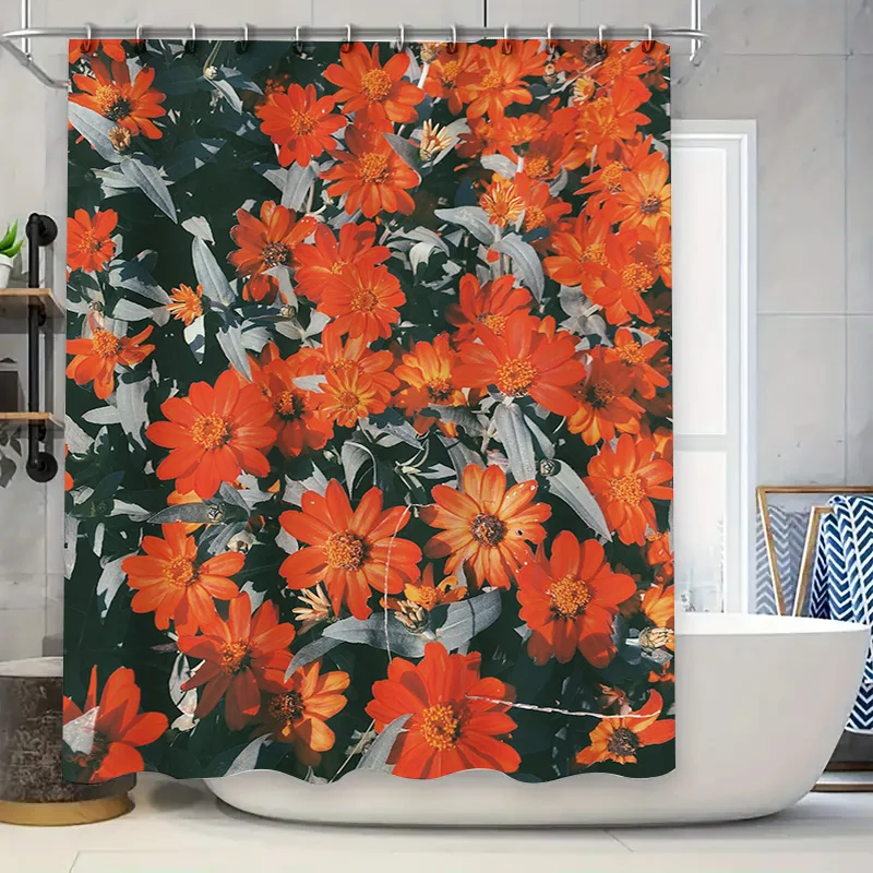 

Floral Print Shower Curtain Orange Flower Decorations Water-Resistant Home Bathroom Decoration Fabric Shower Panels 72 x 84 inch
