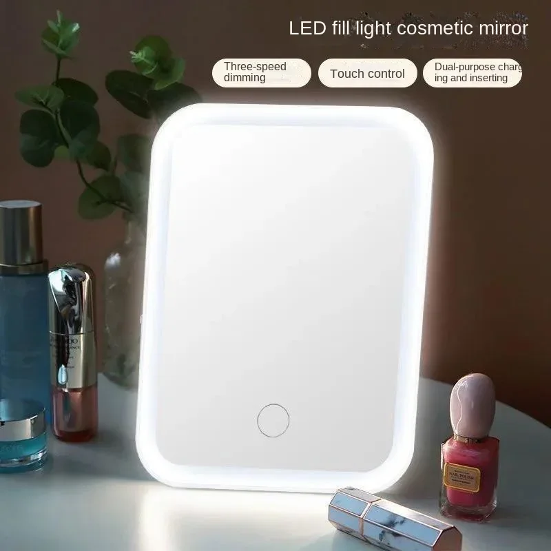 Espejo de maquillaje con pantalla táctil LED, plegable, iluminado, 3 colores, modos de luz, recargable por USB, herramientas cosméticas