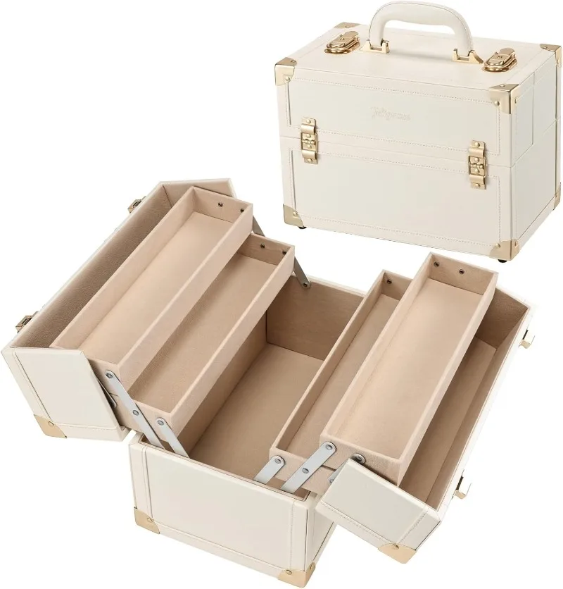 Makeup Train Case Large Portable Cosmetic Makeup Storage Box Organizer Lockable with 4 Tray Compartments Retro Champagne