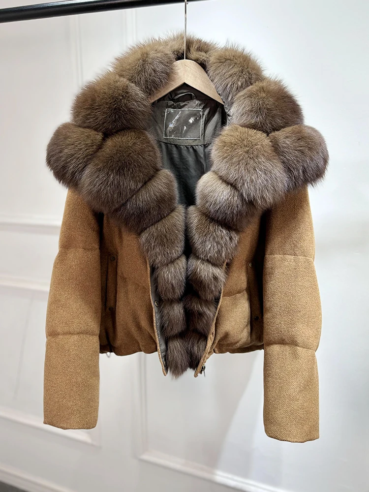 Janveny Luxury Winter 90% White Duck Down Wool Blends Jacket Women 2025 New Real Natural Fox Fur Thick Warm Puffer Down Coat