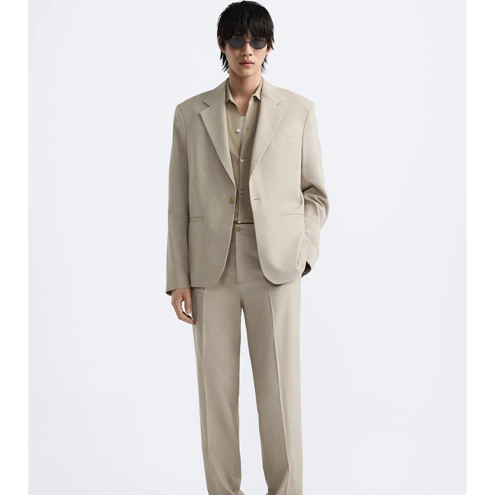 

Светло-хаки, легкий деловой стиль, мужской костюм, комплект из 2 предметов, куртка и брюки, однобортный свободный офисный повседневный костюм с лацканами