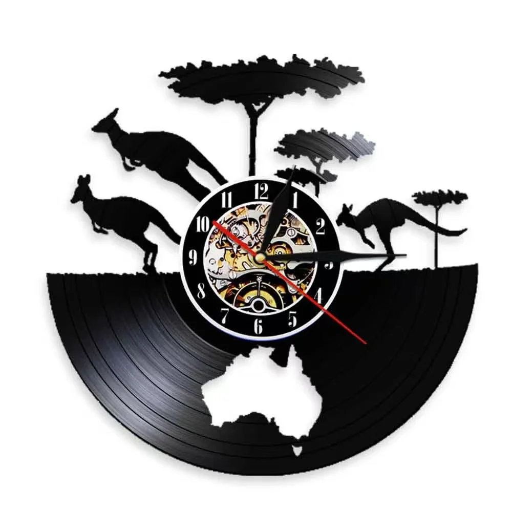 Australia Kangaroo Vinyl Record Wall Clock Map Silhouette LED Backlight Night Light Travel Souvenir Animals Gift Room Decor
