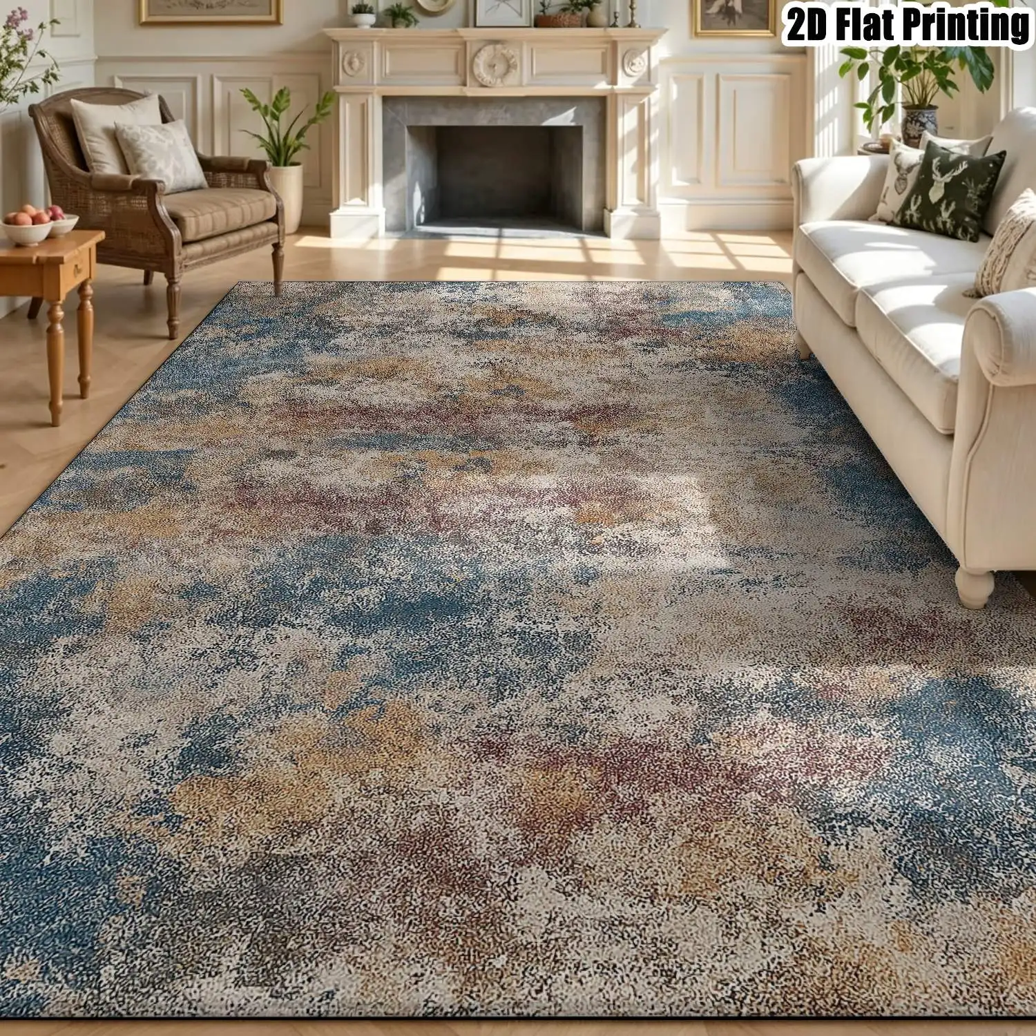 1Pc 2D Printed Carpet: Blue Brown Abstract Art Patterns Nordic/Minimalist/European/Vintage/Instagram Style, Multi-Size, Machine Washable, for Living Room Bedroom Dining Room Entryway Study Home Decor