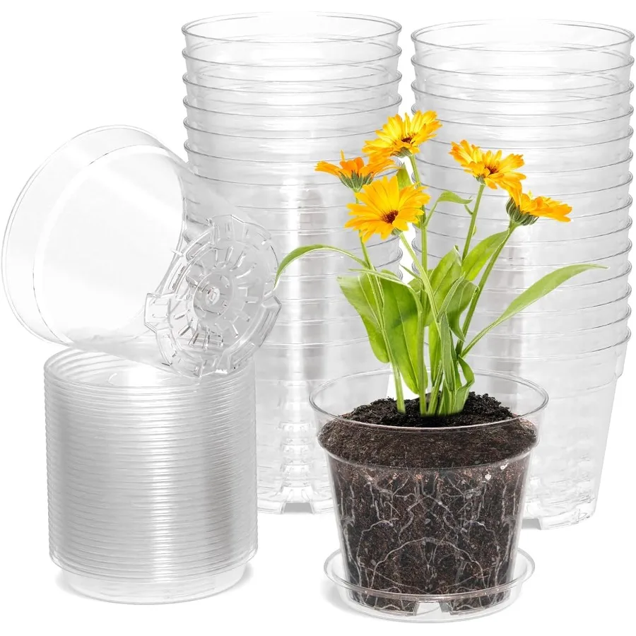 

4 Inch Clear Nursery Pots Set of 30 Transparent Plant Flower Pots for Small Indoor Plants with Drainage Holes Trays Plastic See