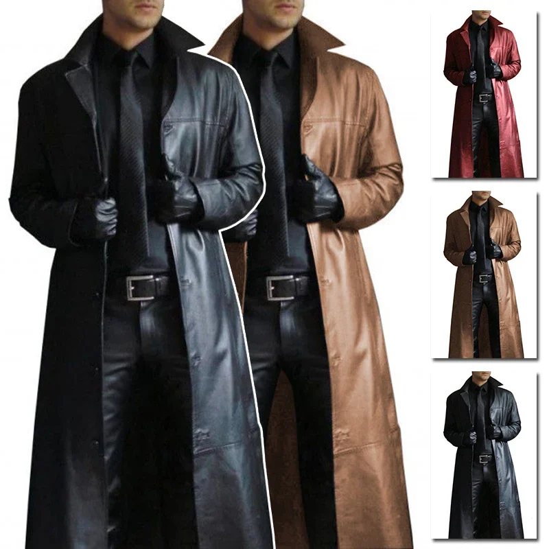 Men Luxury Fashion Medieval Steampunk Gothic Long Leather Jackets Vintage Winter Outerwear Faux Leather Trench Coat