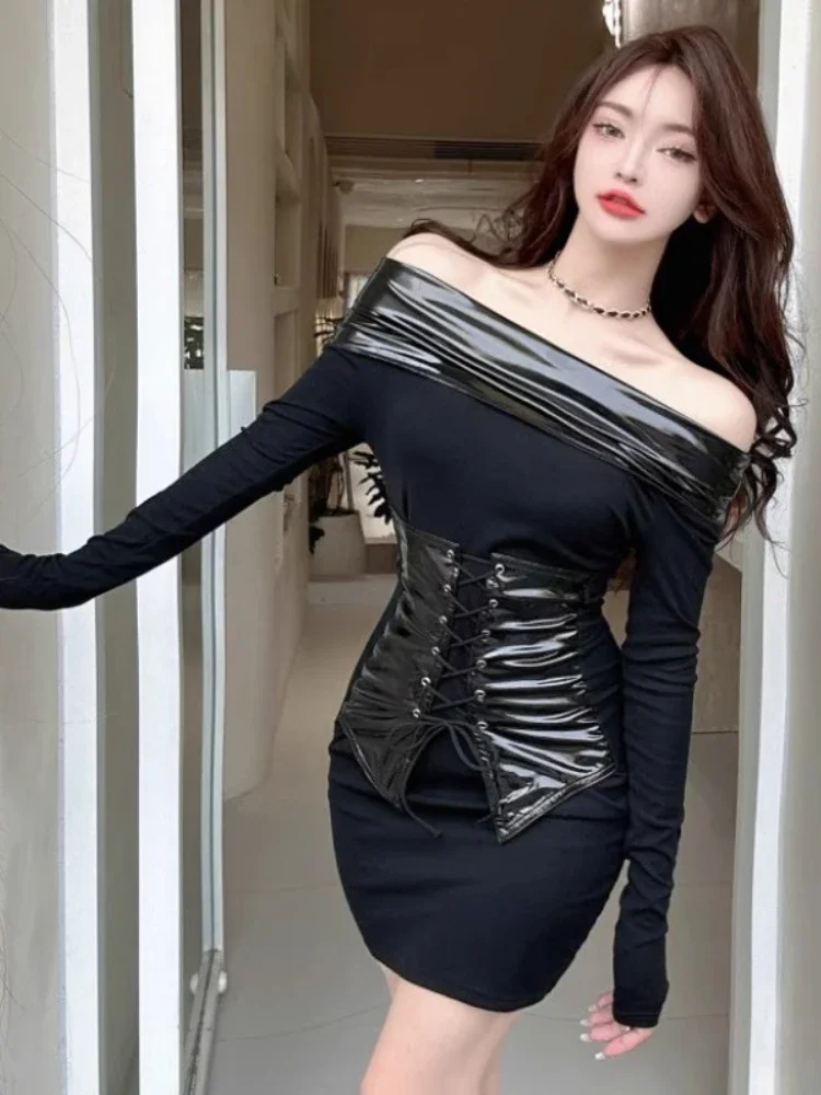 Sexy Spicy Girl Black Dress Fashion New Patchwork Leather With Waist Seal Slim Fit Wrap Hip Skirt Nightclub Party Clothing Women