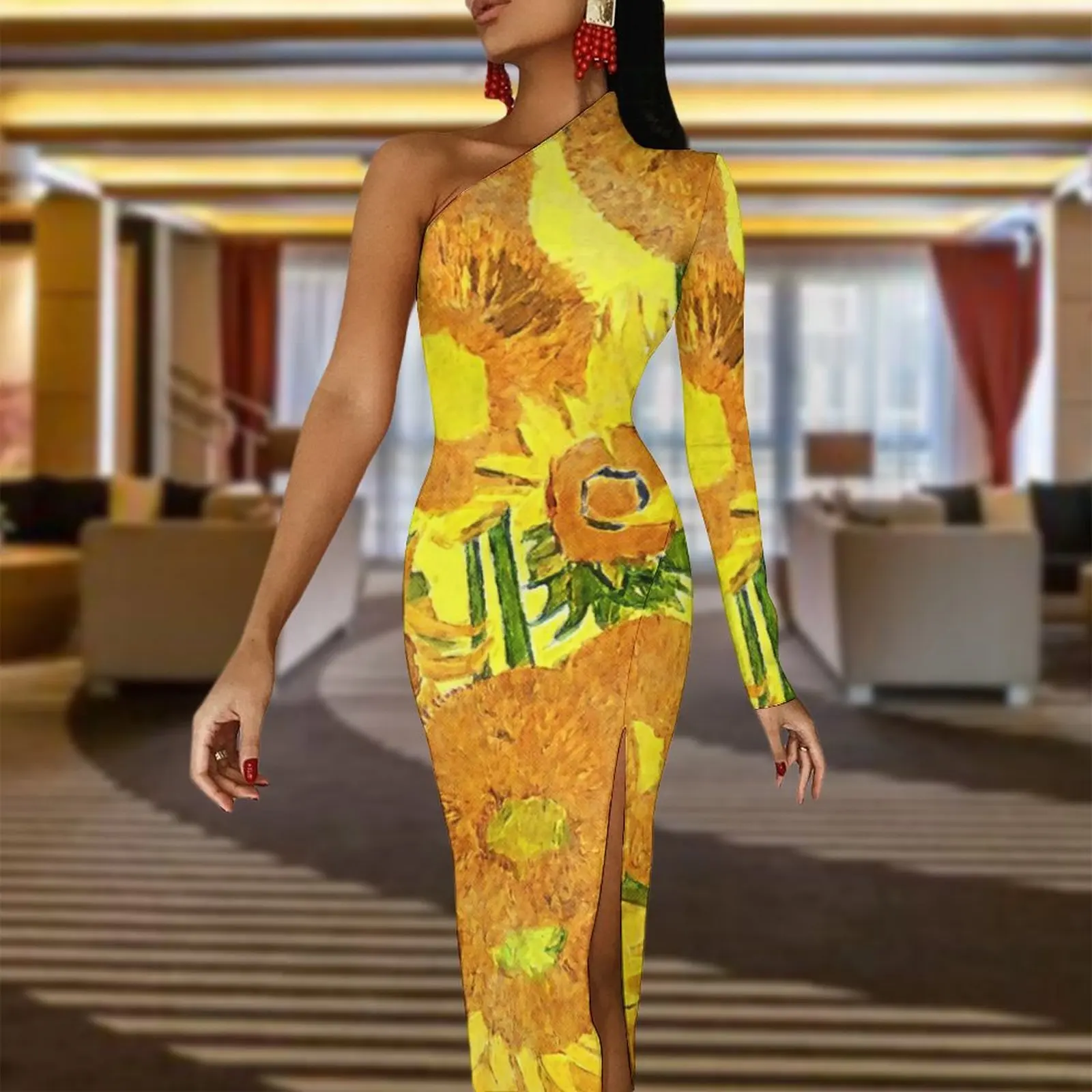 Van Gogh Bodycon Dress Autumn Vase with Sunflowers Sexy Side Split Long Dresses One Shoulder Graphic Party Dress