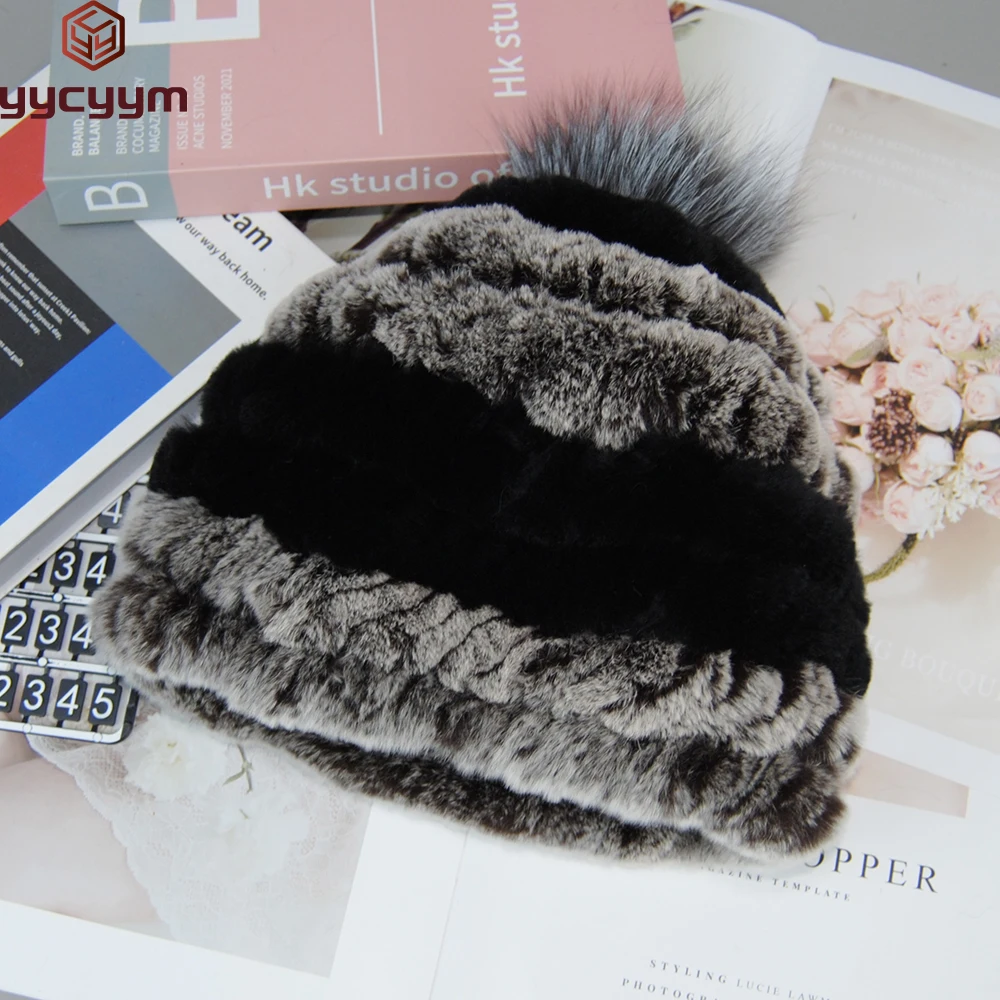 

Winter Lady Natural Rex Rabbit Fur Hat Women Warm Soft Genuine Rex Rabbit Fur Cap + Silver Fox Fur Ball Knitted Real Fur Caps