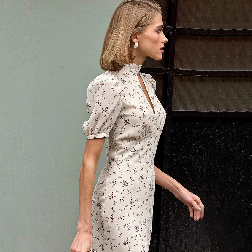 Linad Spring Elegant Print Long Dress Vintage High Waist Puff Sleeve Dresses Lady Casual Chiffon Turtleneck Dress For Women 2026