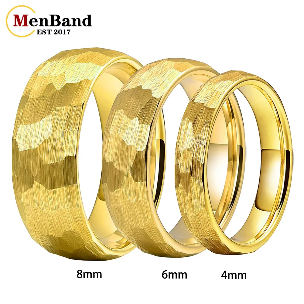 Classic 4/6/8mm Gold Multifaced Brushed Hammered Tungsten Carbide Ring for Men Women，Couple Anniversary Promise Engagement Ring