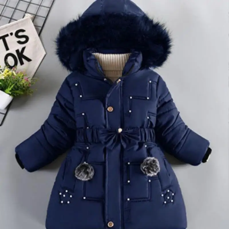 Winter Girls\' New Nail Bead and Plush Thickened Waist Hair Collar Hooded Fashionable Windproof and Warm Cotton Jacket