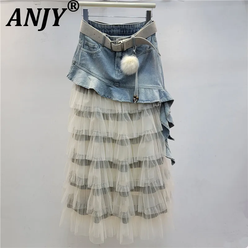 

ANJY, осенняя новая женская джинсовая юбка трапециевидной формы с рюшами и нерегулярной лоскутной сеткой, модные элегантные винтажные утягивающие юбки A14005