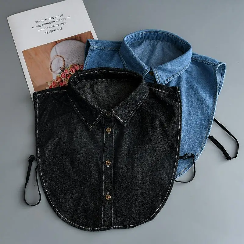 المرأة الأزرق غسلها الدنيم طوق بسيط نصف قميص نمط وهمية طوق تنوعا الديكور انفصال وأشار كاذبة طوق