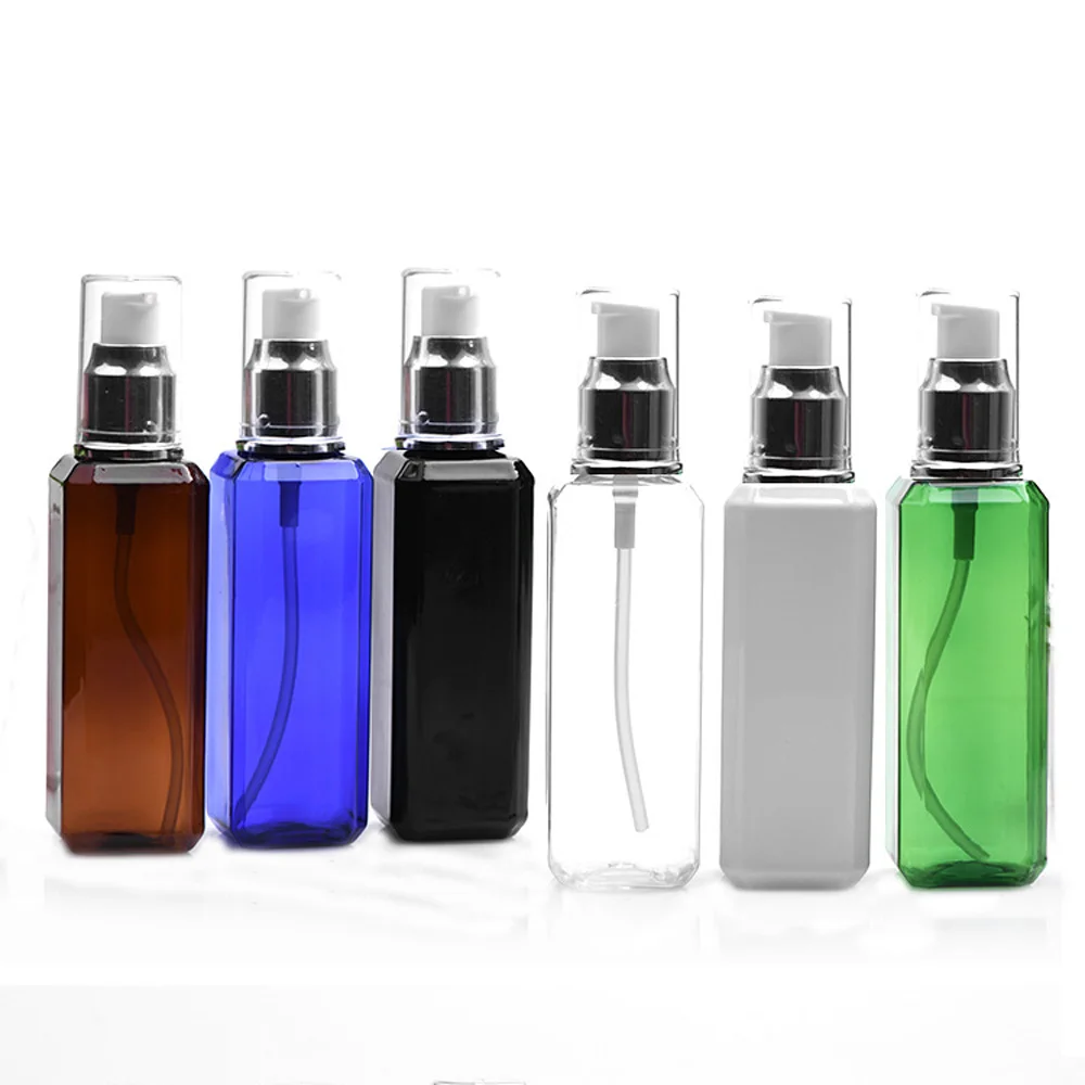 3pcs/pack 100ml 6 color available Square Refillable Squeeze PET Portable plastic lotion bottle with alumite silver color pump