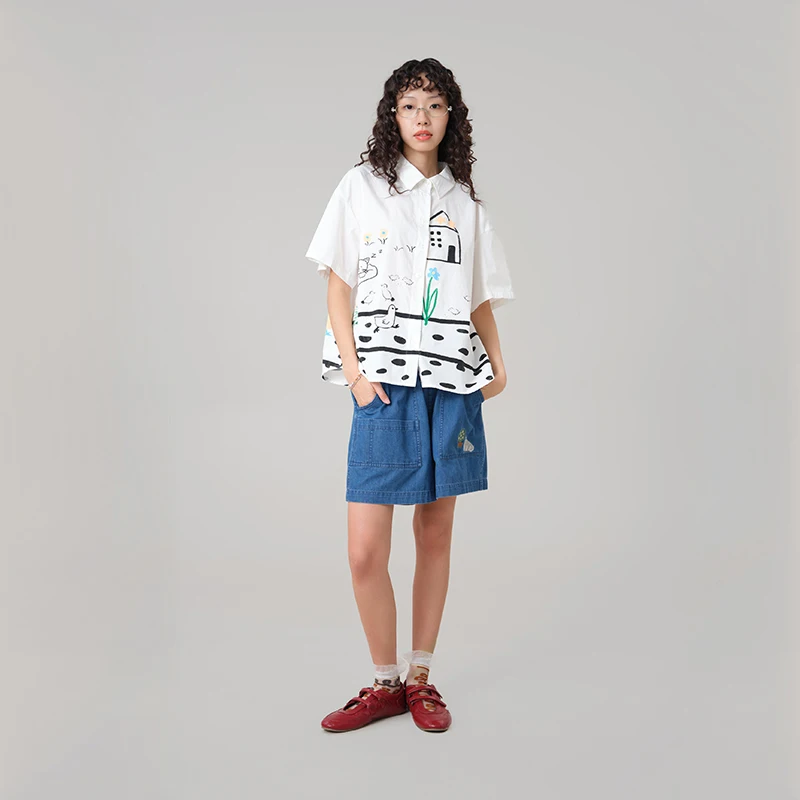 MOVEUP Casual Short Sleeved Shirt 2026 Summer New Collar Hand-Painted Printed Pure Cotton Drop Sleeves Top For Women 3ELX20438