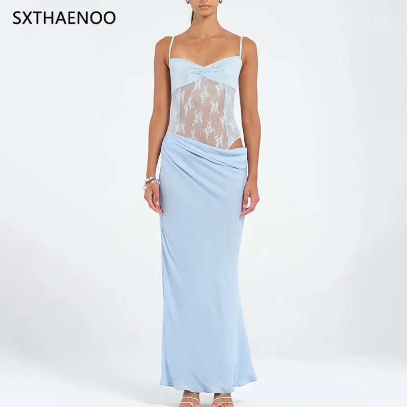 

SXTHAENOO Solid Printing Spliced Folds Elegant Dresses for Women Square Neck Sleeveless Sheer Show Waist Dress Female Fashion