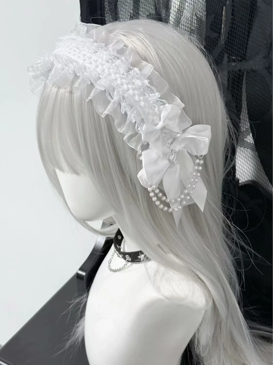 White Lolita Pleated Laces Hair Hoop Women Girls Sweet Bowknot Headband Maid Cosplay Headpiece Festival Party Costume Props