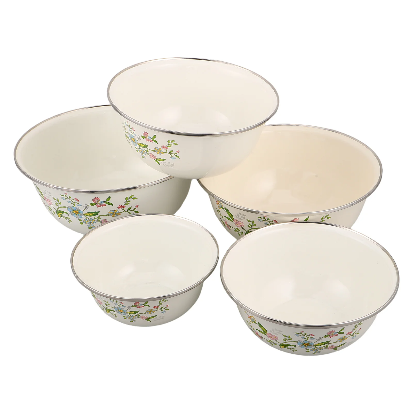

5Pcs Vintage Enamel Bowl Set Round Shape White Lightweight Multipurpose Salad Fruit Storage Mixing Serving Fruit Bowl