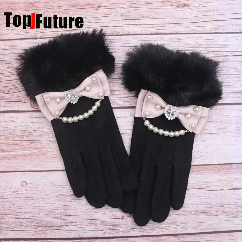 Women Japanese Y2K Girl Sweet Lolita Fluffy Warm Split Finger Gloves With Rhinestone Pearl Chain Decor Bow Subculture Mittens