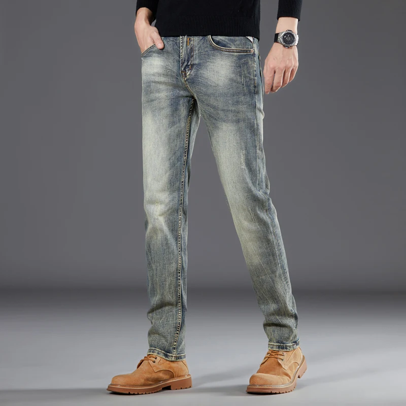 High quality retro American jeans men's 2024 spring and autumn elastic straight leg pants men's casual jeans denim men clothing