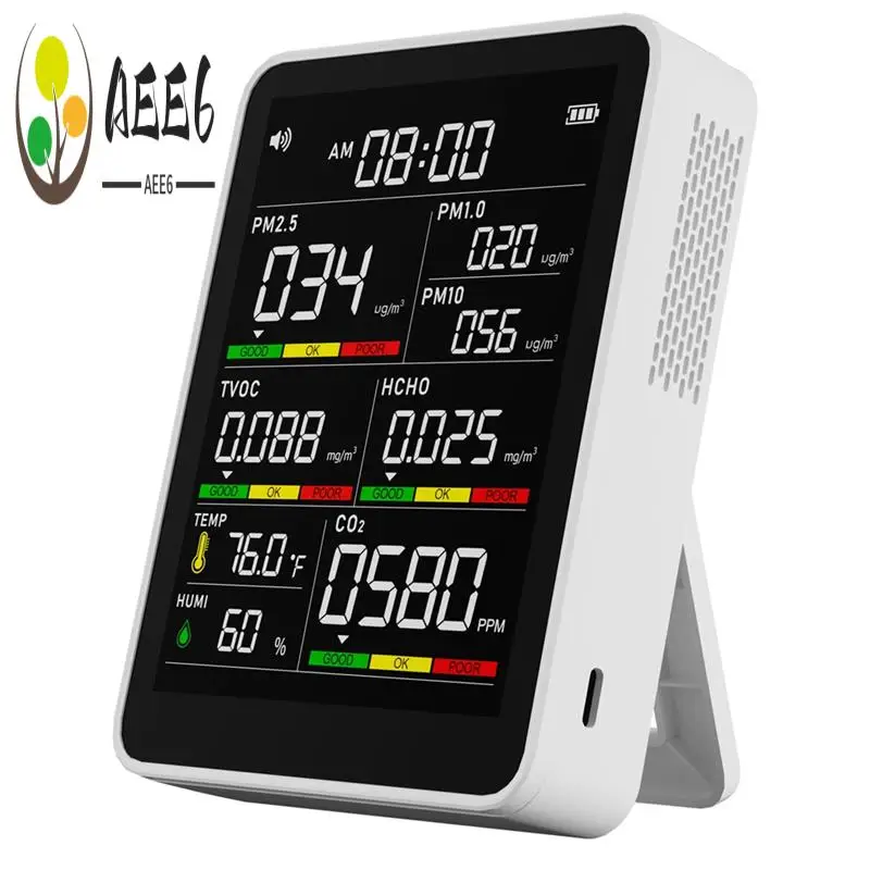 

AEE6-многофункциональный тестер качества воздуха для PM2,5/PM10/CO2, формальдегида с влажностью, температурой, TVOC и отображением времени