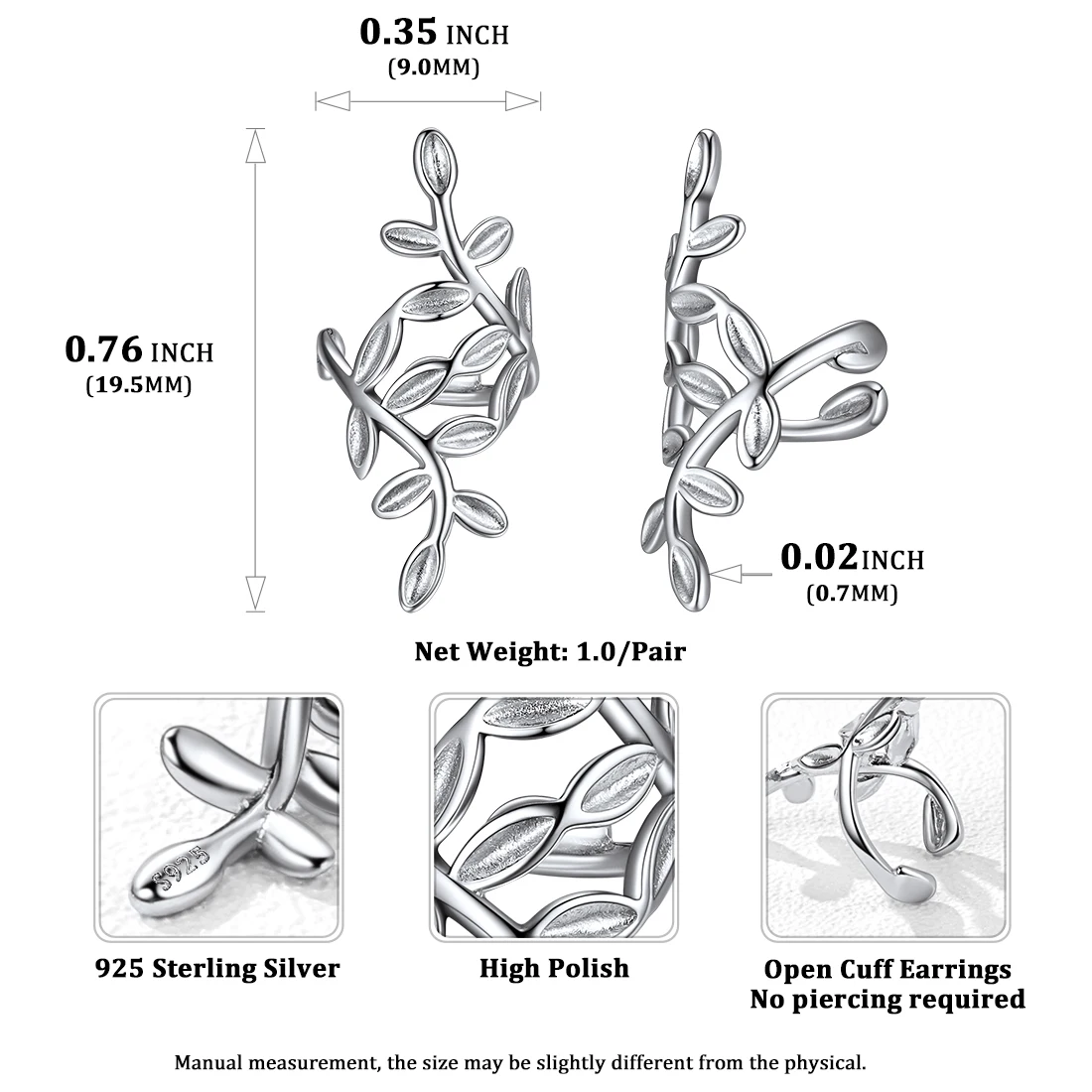 U7 925 Sterling Silver Leaf Ear Cuff for Woman Non Pierced Earring Cartilage Clip Wrapped Earrings Dainty Jewelry Gift for Her