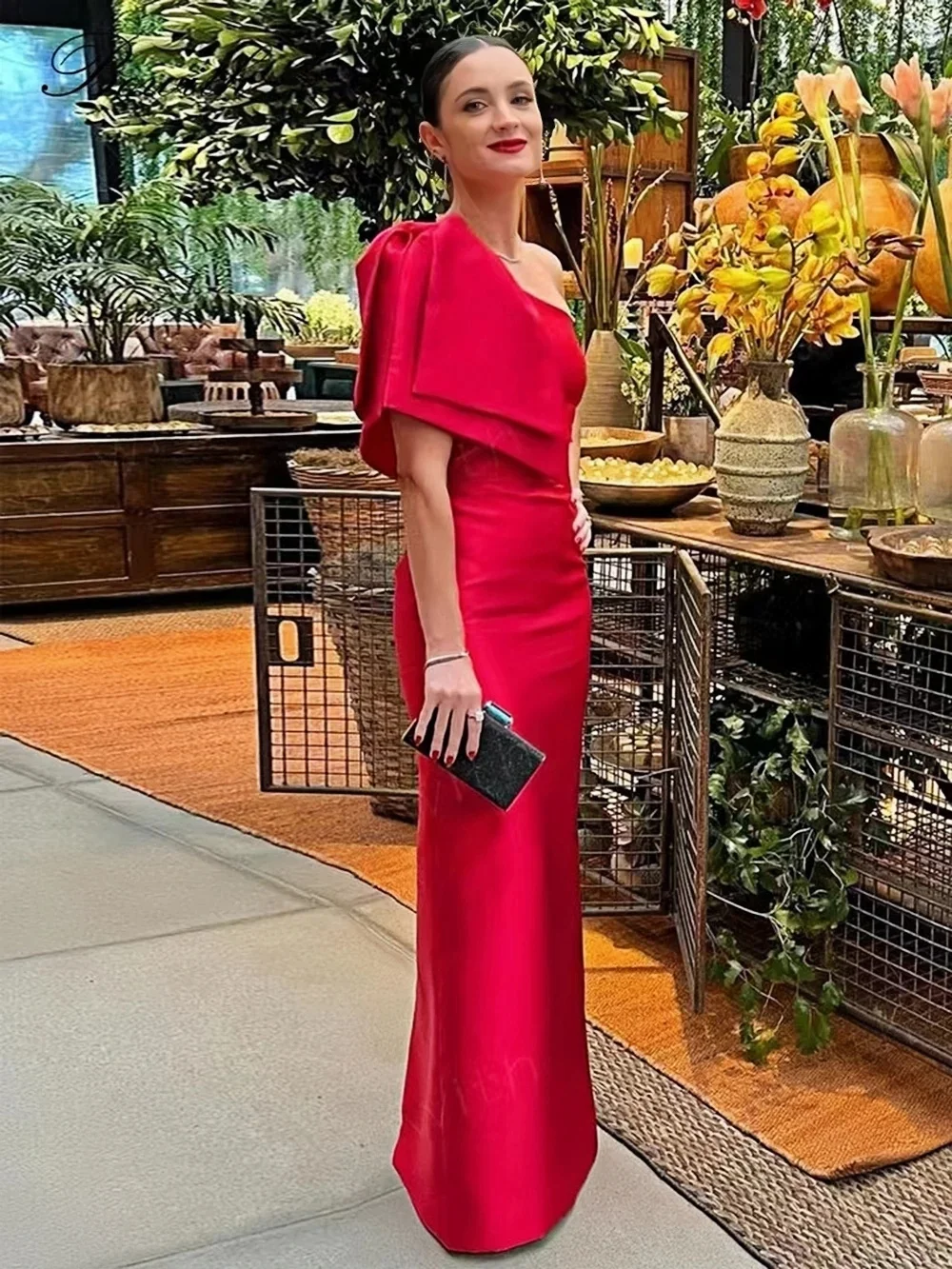 

Elegant Satin Red Evening Dress One Shoulder Simple Ladies Big Bow Mermaid Special Occasion Celebrity Dinner Dress 2025 New