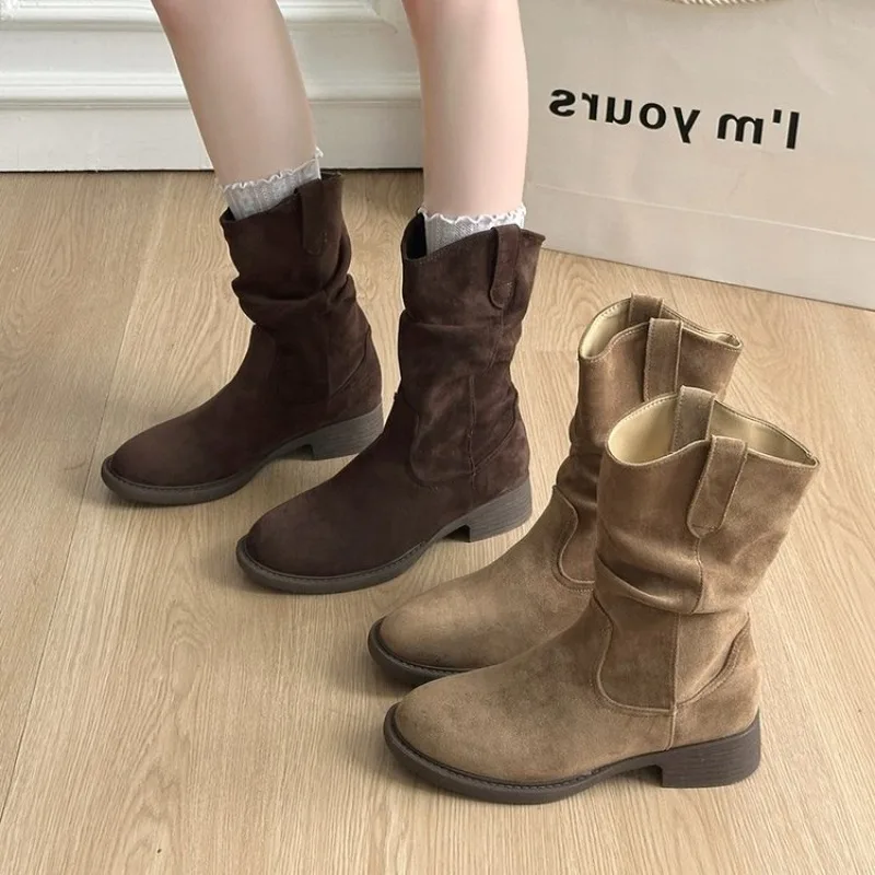 Women Slouchy Mid Calf Boots Suede Round Toe Low Block Heel Vintage Western Cowboy Boots Fall Winter Casual Shoes