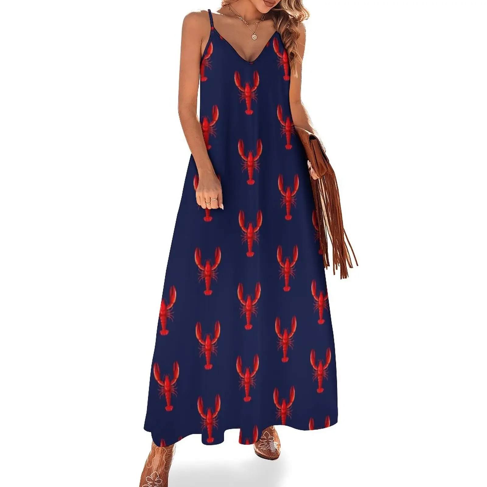 

Red Lobster Crustacean Shellfish Pattern Sleeveless Dress Clothing elegant guest wedding dress Women's evening dress