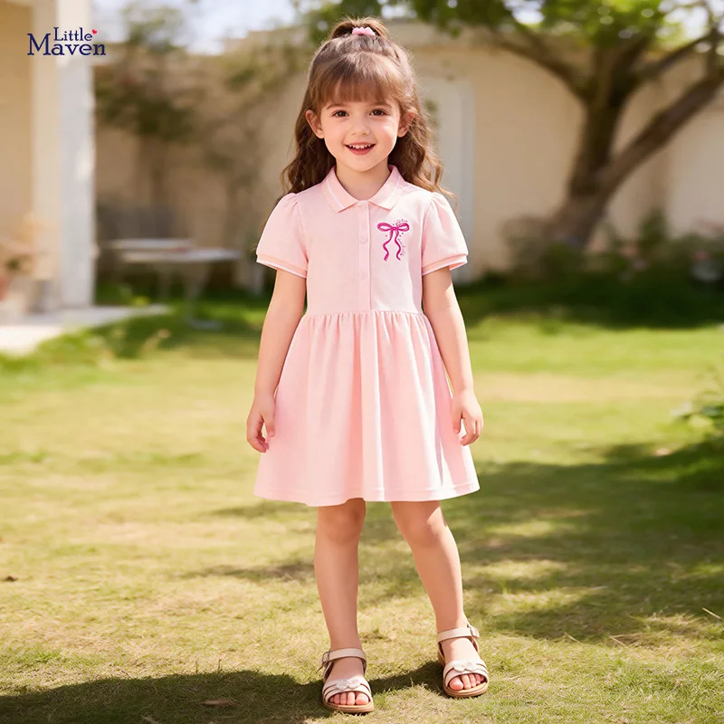 Girls' Dress  Summer New Pink Lapel Bow Fashionable Children's Sportswear Dress Cotton Cute And Sweet Baby A-line Version Dress