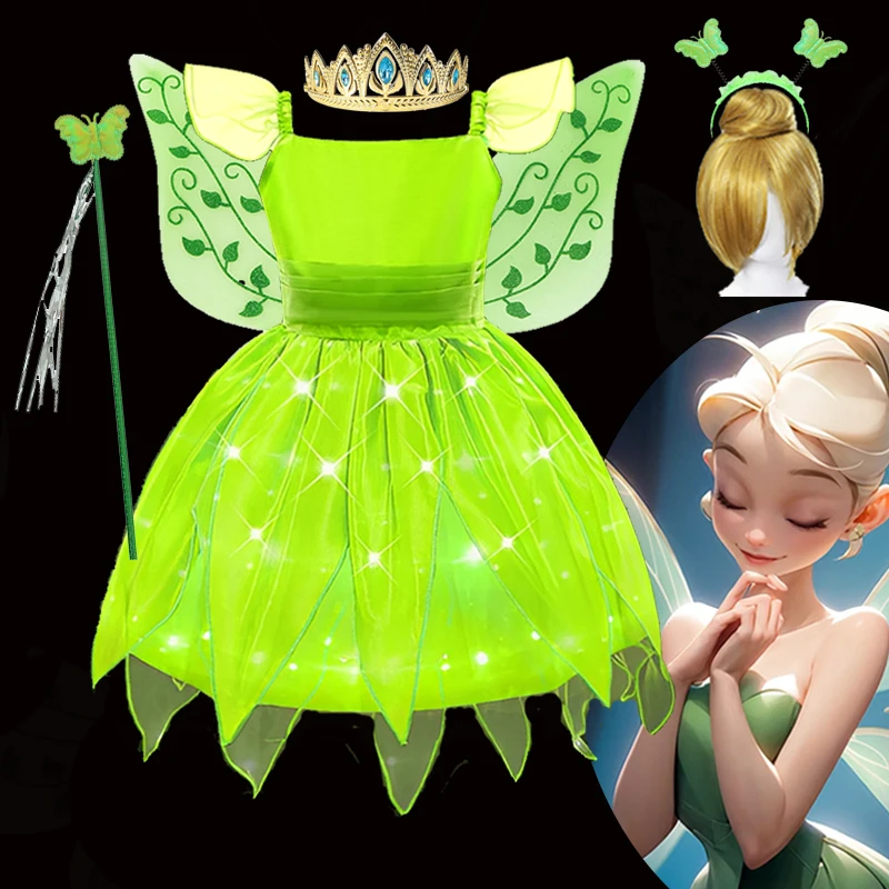 

LED Tiana Cosplay Costumes Girls Fairy Tinker Bell Costume Halloween Carnival Elves Party Cosplay Costume Kids Frock Ball Gowns