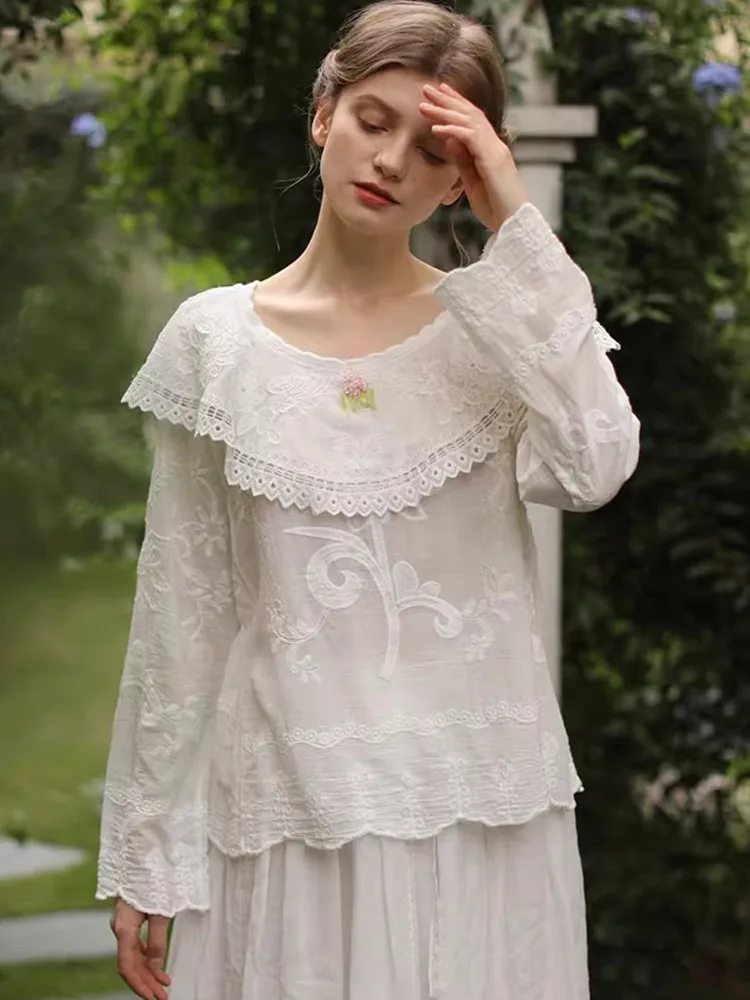 AIGYPTOS Spring Summer White Blouses Women Vintage Elegant Handmade Flower Embroidery Large Lapel Blouse Loose 100%Cotton Tops